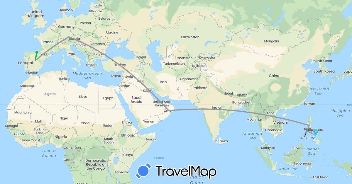 TravelMap itinerary: driving, bus, plane, boat, hitchhiking, motorbike in Germany, Spain, Oman, Philippines (Asia, Europe)